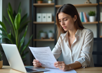 Femme en bureau examine une lettre de démission