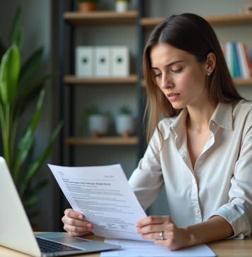 Femme en bureau examine une lettre de démission