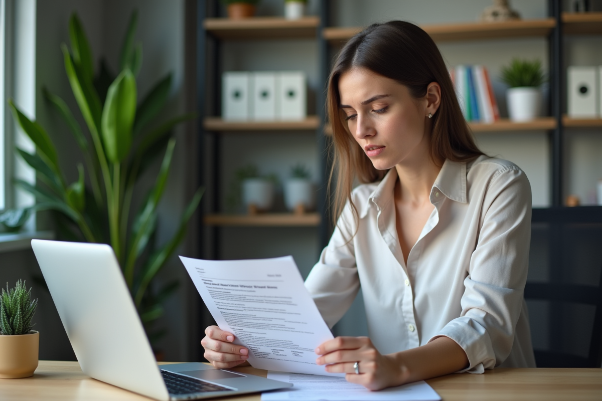 Femme en bureau examine une lettre de démission