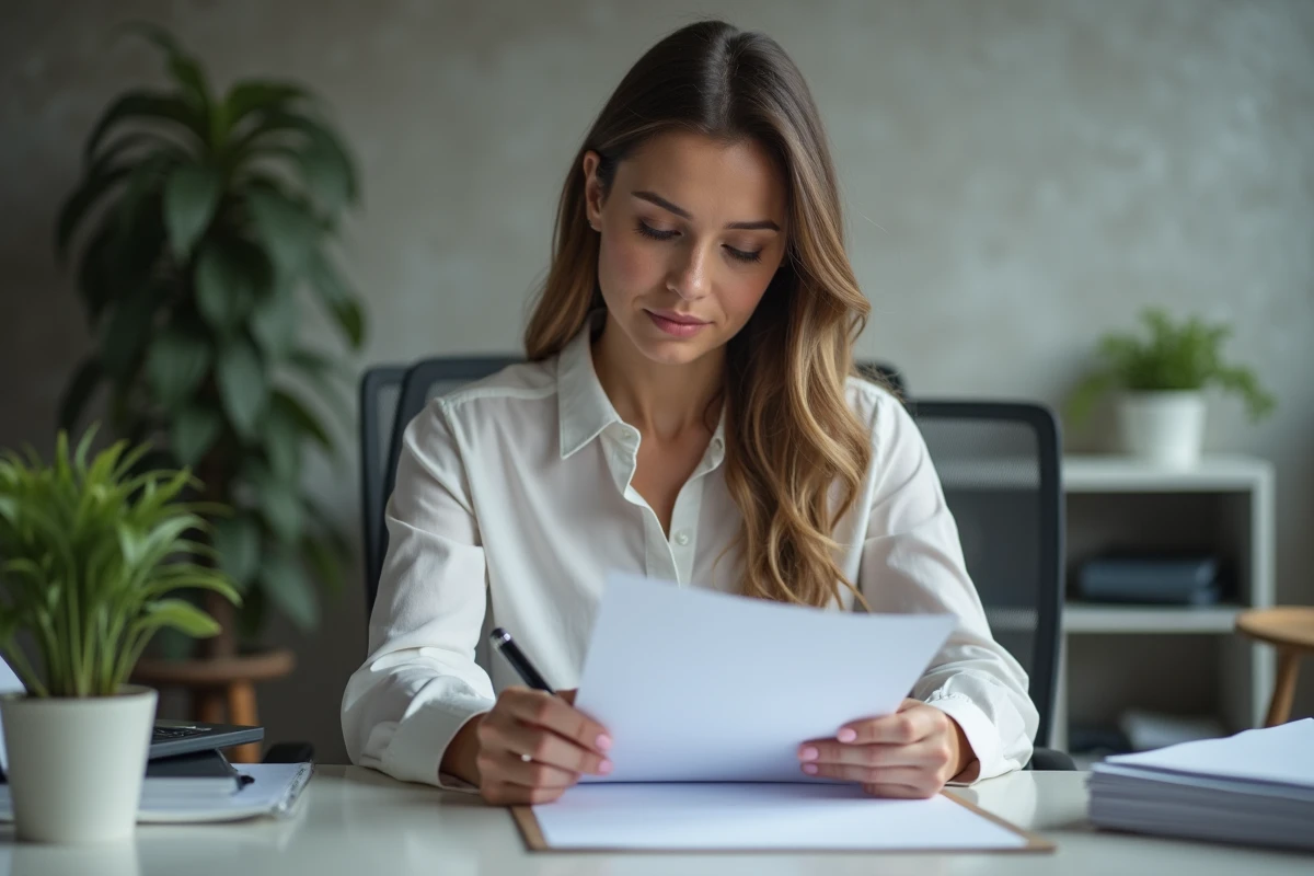 Femme en bureau relisant une lettre de démission