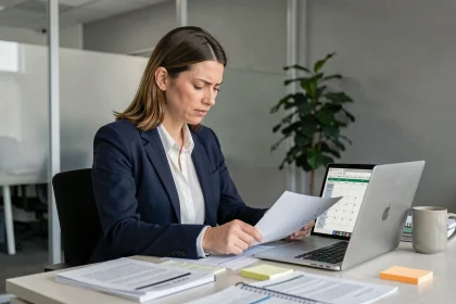 Femme RH analysant un relevé de congés trimestriels sur un bureau en open space professionnel