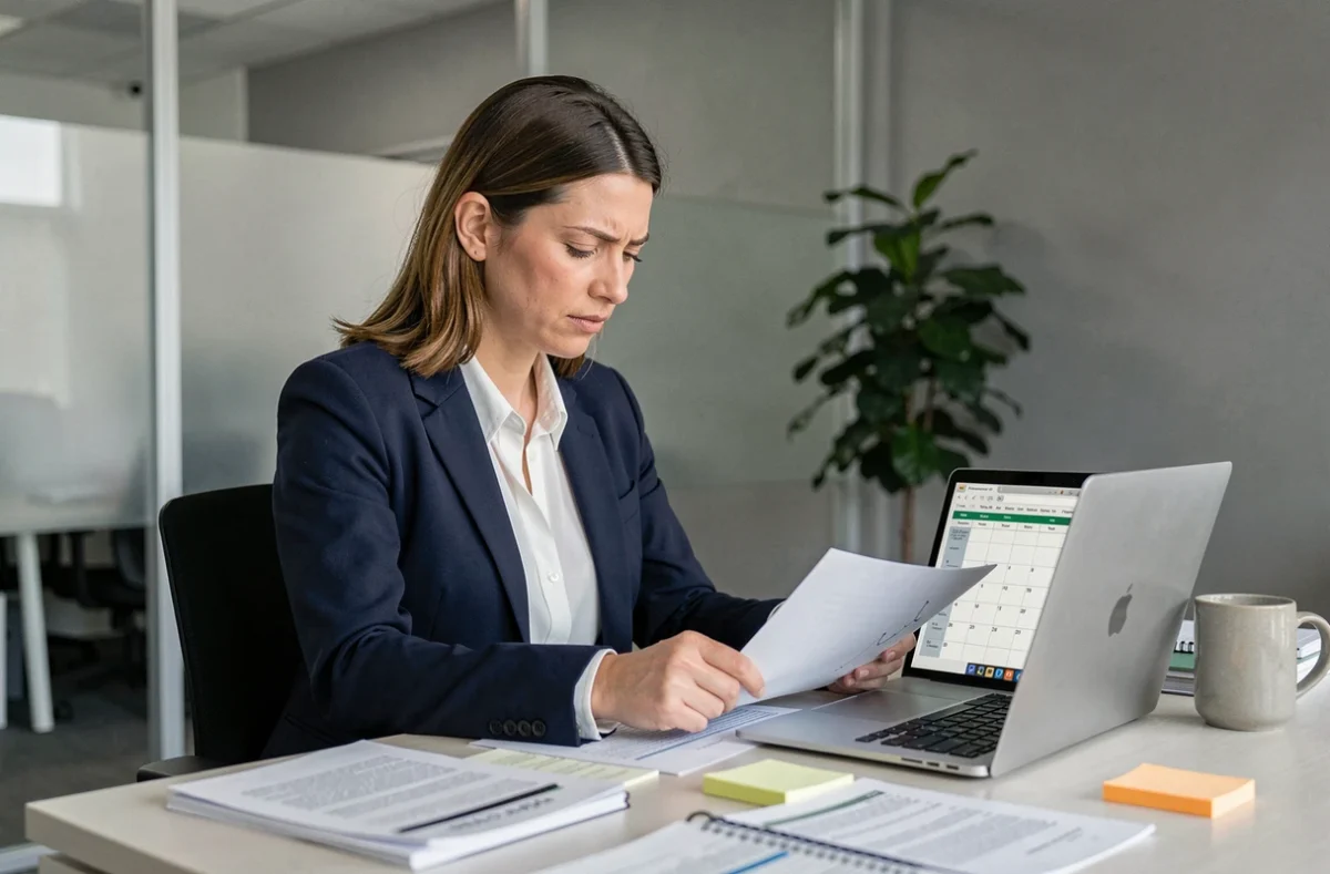 Femme RH analysant un relevé de congés trimestriels sur un bureau en open space professionnel