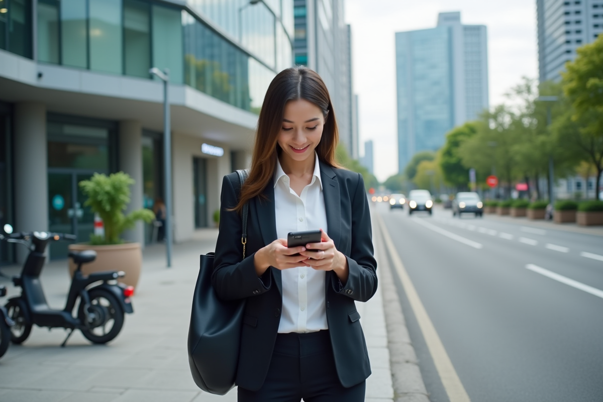 Femme urbaine vérifiant une application de transport en ville