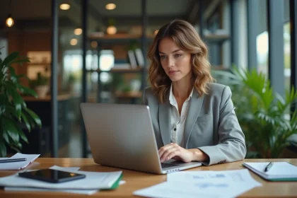 Femme concentrée travaillant sur son ordinateur dans un bureau moderne