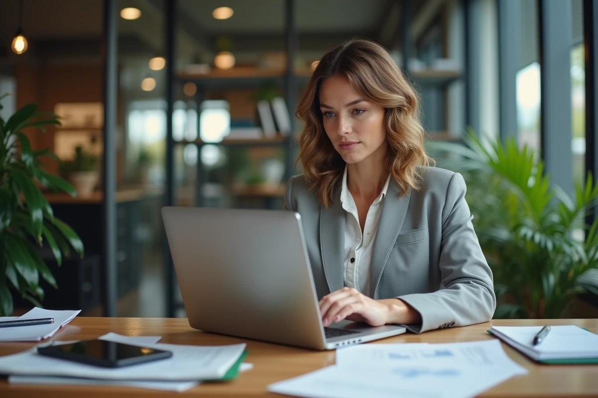 Femme concentrée travaillant sur son ordinateur dans un bureau moderne