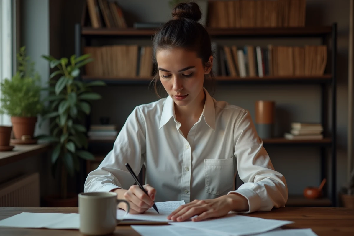 Jeune femme studieuse prenant des notes à son bureau tard le soir, symbole de persévérance et de travail acharné