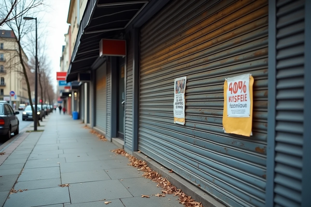 Devanture de magasin fermée définitivement avec volets métalliques baissés et affiche de fermeture sur une rue commerçante déserte