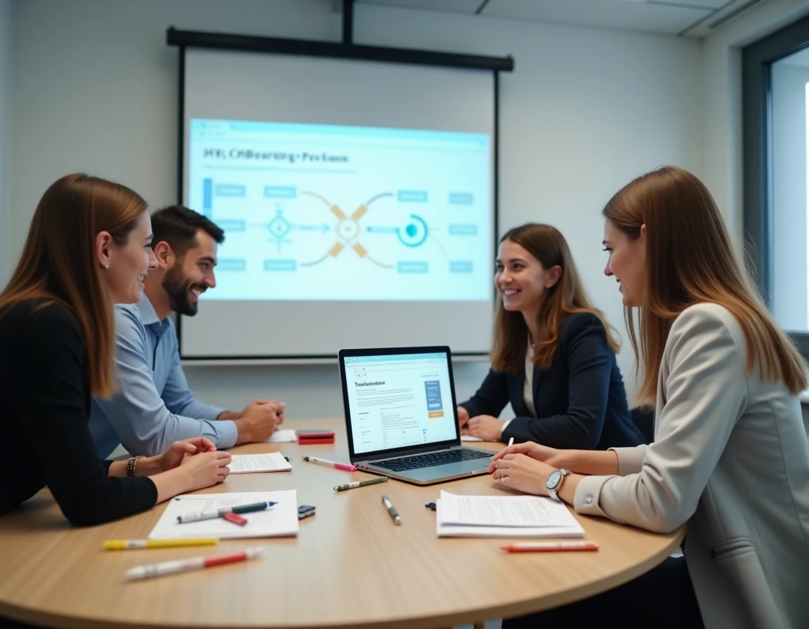 Groupe de nouveaux embauchés La Poste participant à une session de formation GTM en salle de réunion