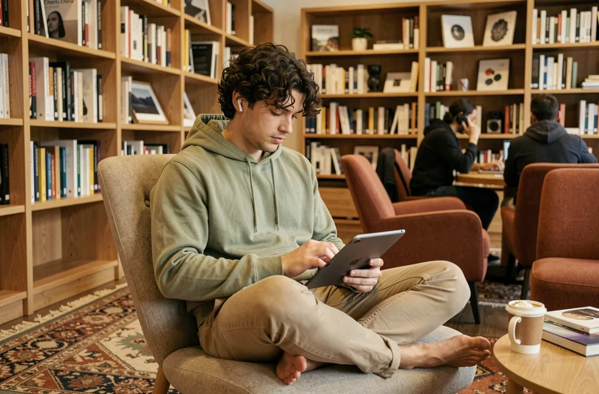 Freelance travaillant sur une tablette dans un espace détente chaleureux d'un coworking