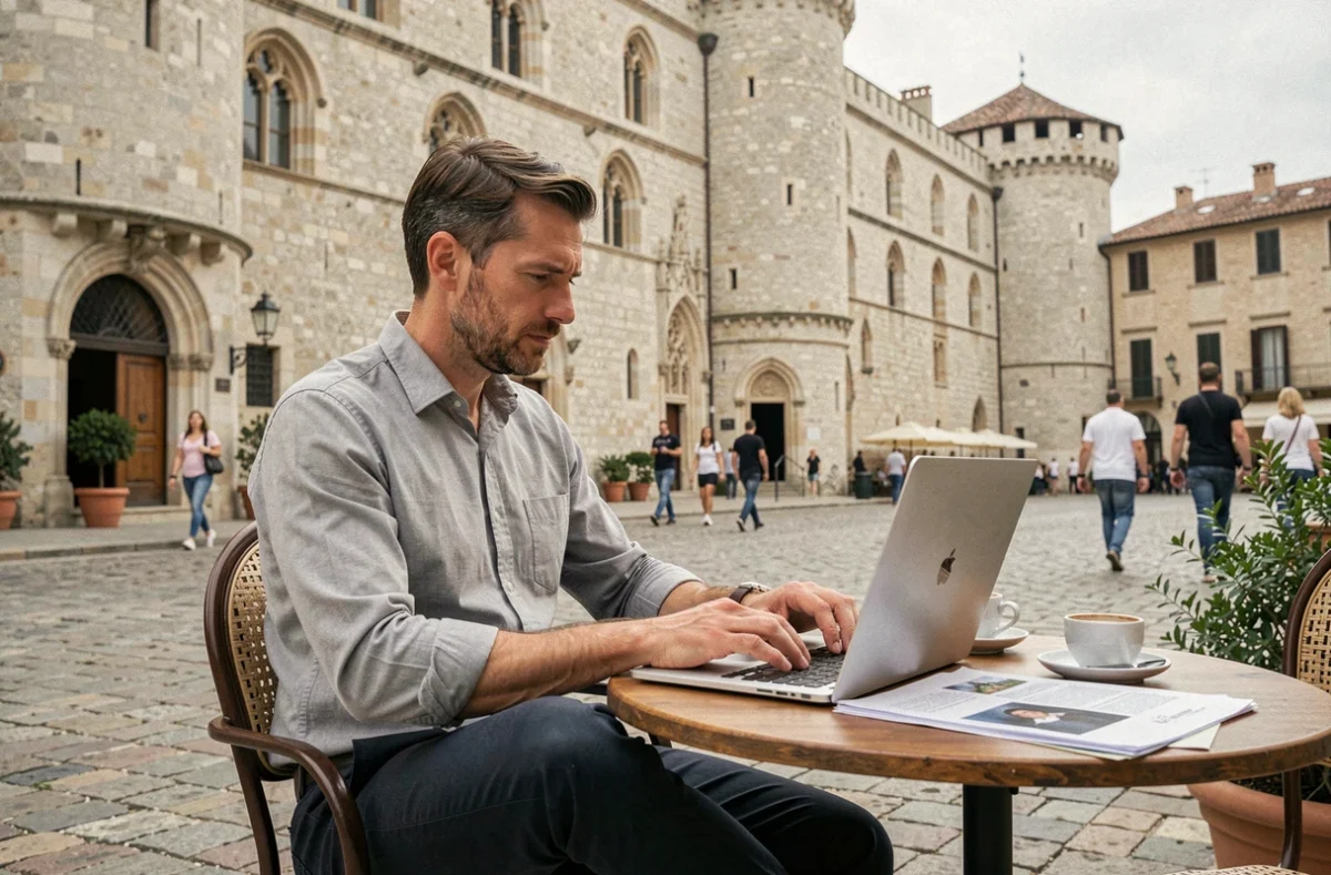 Freelance consultant indépendant travaillant sur son ordinateur en terrasse à Avignon près du Palais des Papes