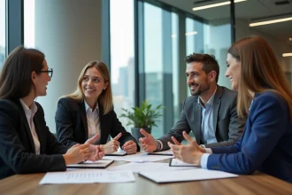 Équipe en pleine discussion lors d'un séminaire d'entreprise