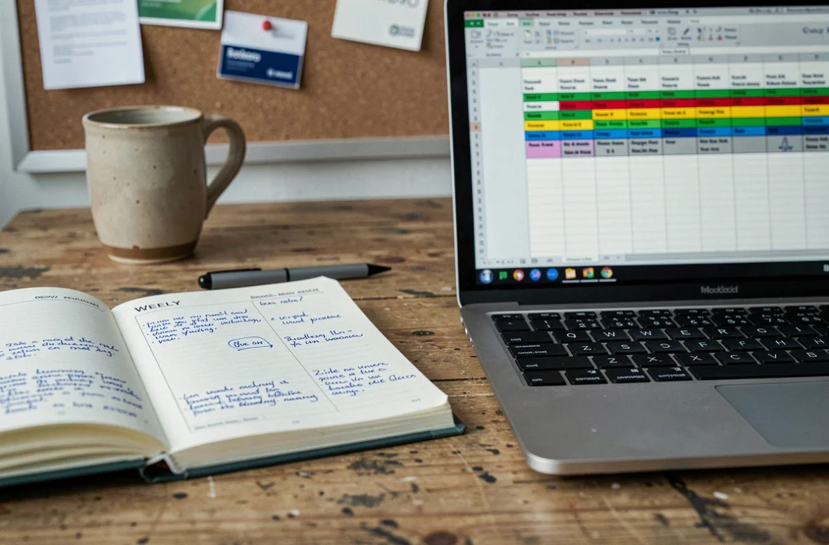 Gros plan d'un bureau avec un agenda papier manuscrit et un planning Excel ouvert sur ordinateur portable pour comparer les deux outils