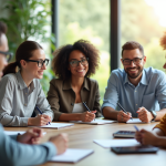 Groupe divers d'employes en brainstorming dans un bureau lumineux