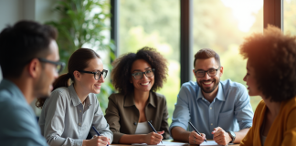 Groupe divers d'employes en brainstorming dans un bureau lumineux