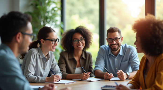 Groupe divers d'employes en brainstorming dans un bureau lumineux
