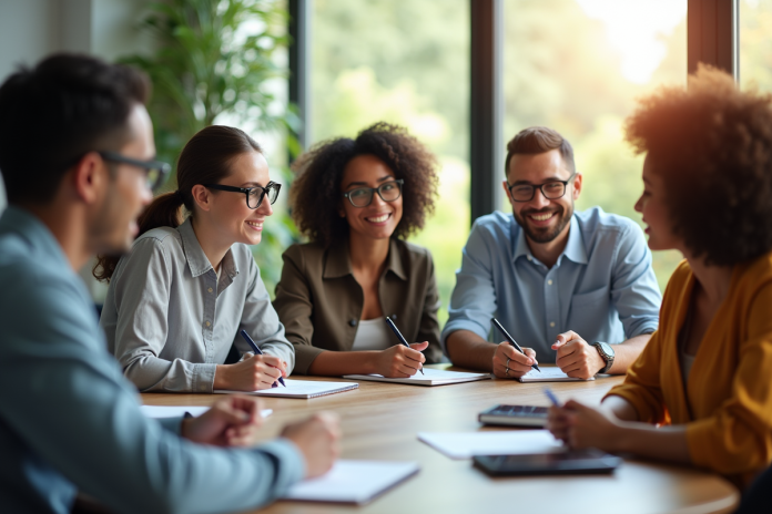 Groupe divers d'employes en brainstorming dans un bureau lumineux