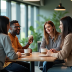 Groupe de collègues de bureau en discussion détendue