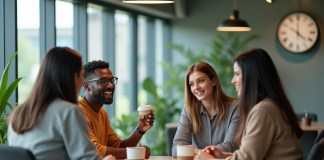Groupe de collègues de bureau en discussion détendue