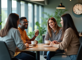 Pauses de 15 minutes : loi obligatoire au Canada ? Tout savoir Groupe de collègues de bureau en discussion détendue
