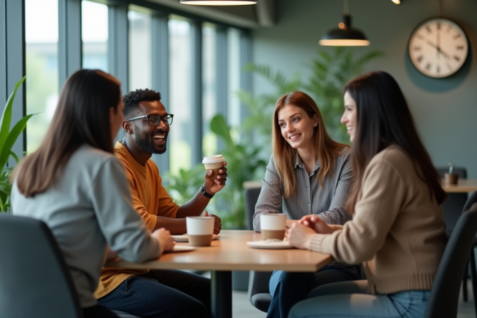 groupe-collaborateurs-bureau Groupe de collègues de bureau en discussion détendue