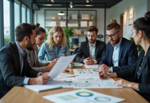 Plan HSE : rédaction efficace pour une sécurité optimale sur le lieu de travail Groupe de travailleurs de bureau discutant du plan HSE