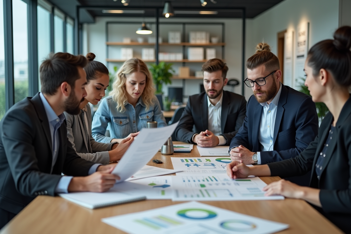 Groupe de travailleurs de bureau discutant du plan HSE