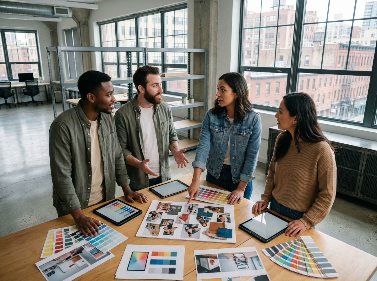 Groupe de designers discutant autour d un moodboard cr&eacute;atif