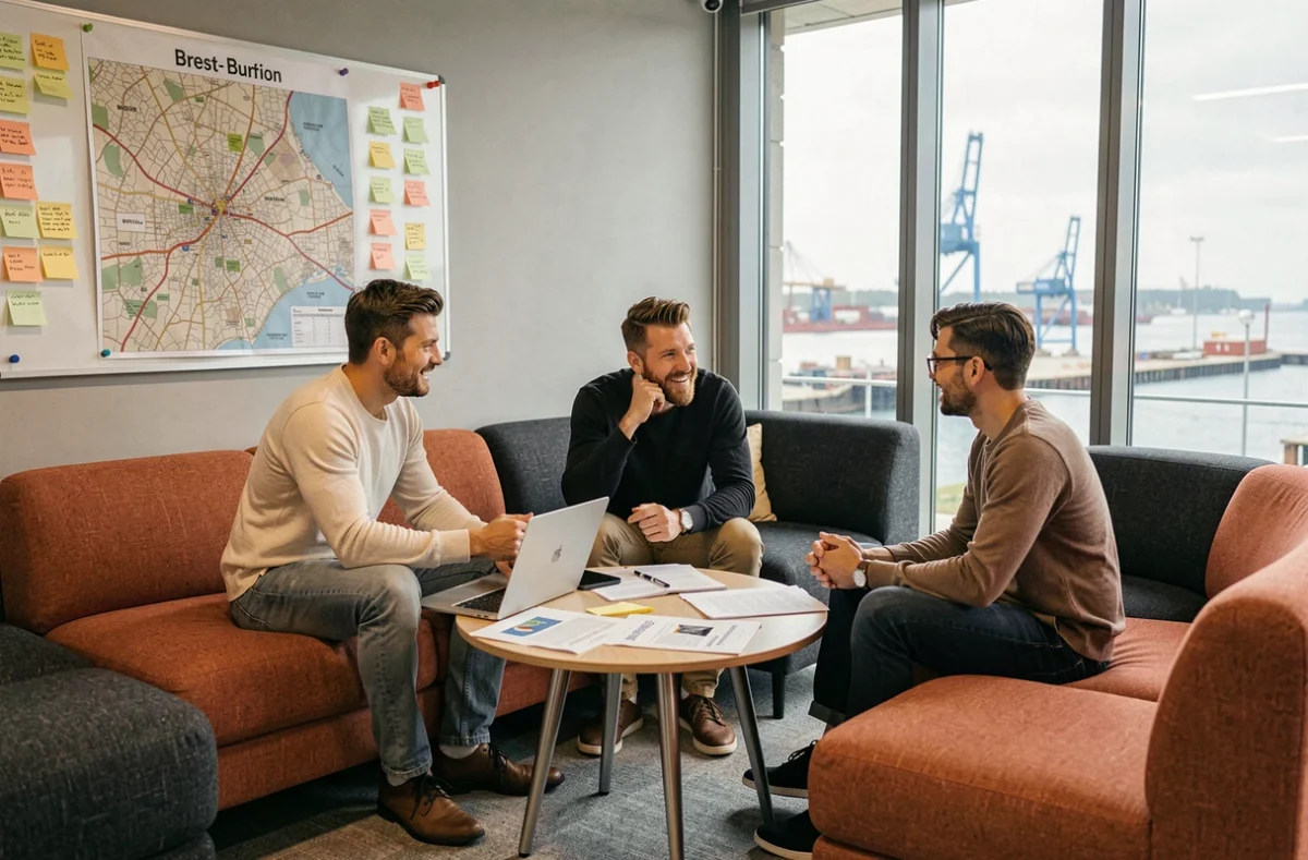 Groupe de professionnels en discussion dans le salon d'un espace de coworking à Brest avec vue sur le port