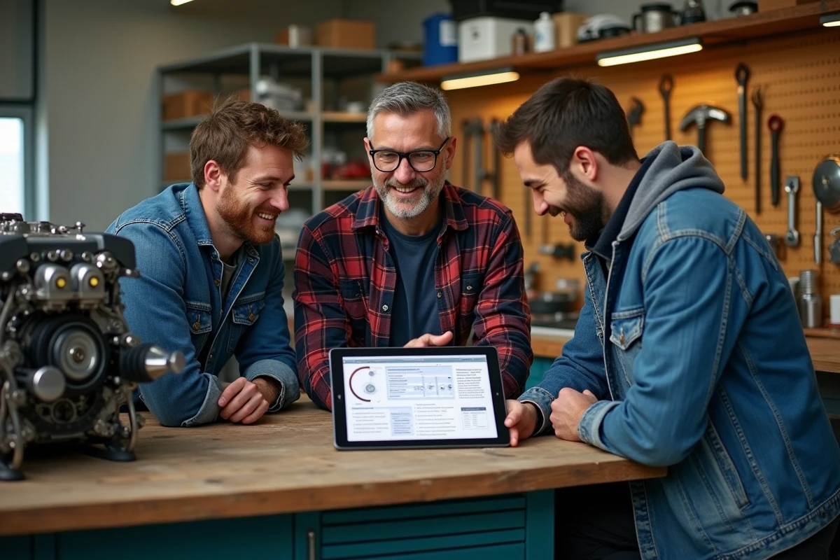 Groupe de passionnés d'automobiles consultant ensemble le wiki Stellantis sur une tablette dans un garage atelier