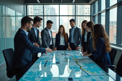 Groupe de professionnels autour d'une carte urbaine en réunion