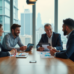 Groupe de professionnels en réunion autour d'une table moderne