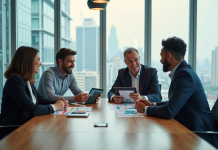 Groupe de professionnels en réunion autour d'une table moderne