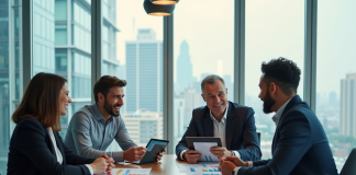 Groupe de professionnels en réunion autour d'une table moderne