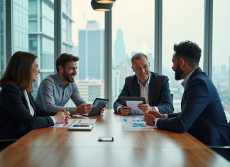 Groupe de professionnels en réunion autour d'une table moderne