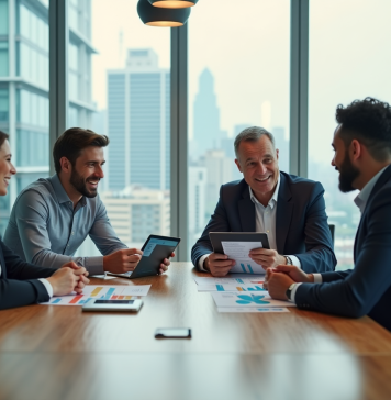 Groupe de professionnels en réunion autour d'une table moderne