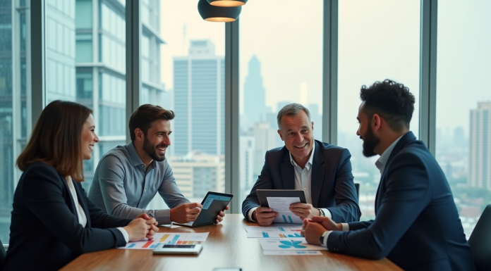 Groupe de professionnels en réunion autour d'une table moderne