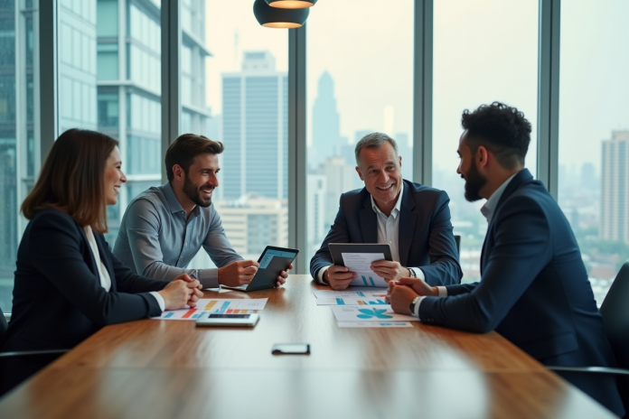 Groupe de professionnels en réunion autour d'une table moderne