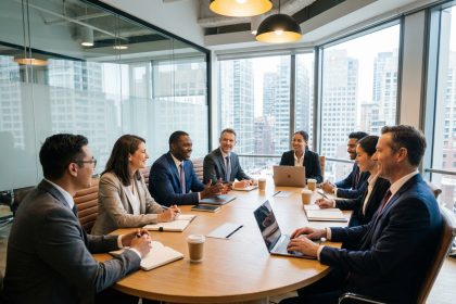 Groupe de professionnels en réunion dans une salle moderne