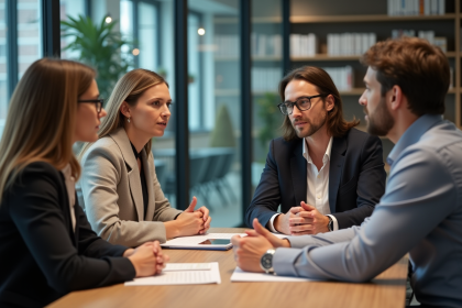 Groupe de professionnels en réunion dans un bureau moderne