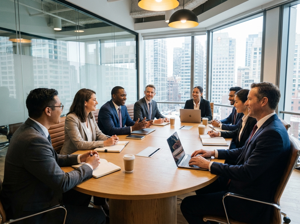 Groupe de professionnels en réunion dans une salle moderne