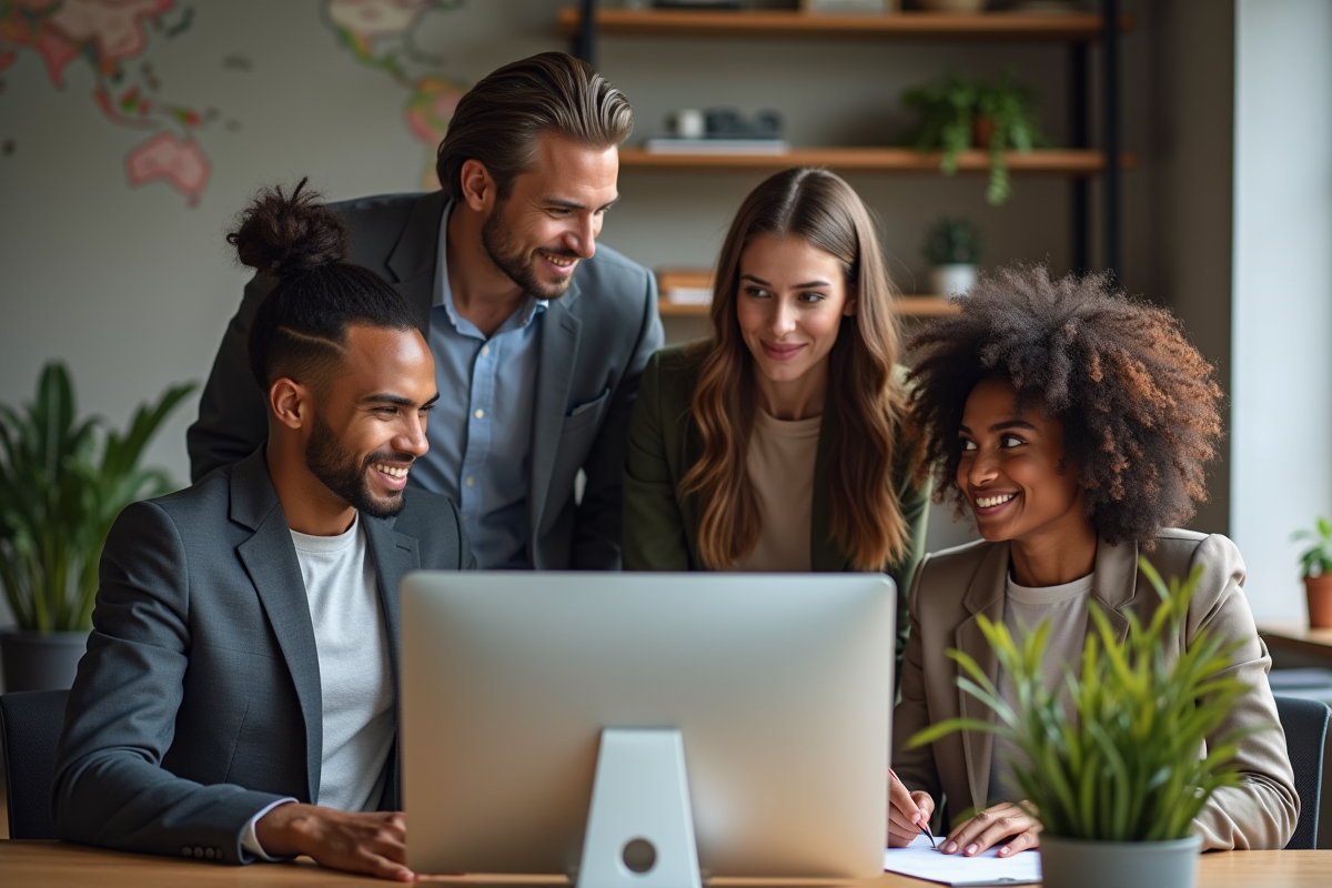 Groupe de jeunes professionnels discutant autour d un ordinateur