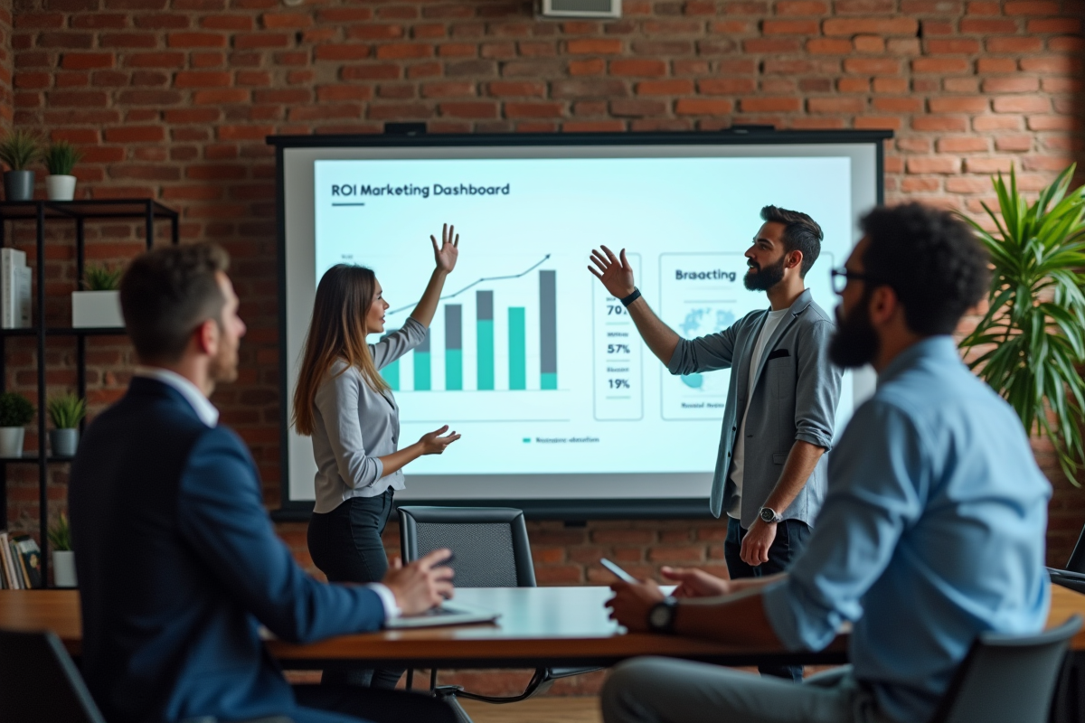 Groupe de jeunes professionnels analysant un tableau de bord marketing