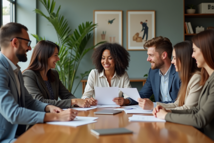 Groupe divers de professionnels souriants en réunion