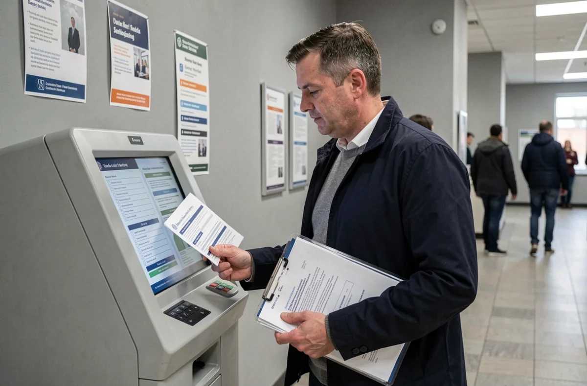 Homme consultant une liste de démarches à effectuer dans un hall administratif municipal avant de contacter le SGC Calais