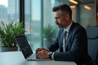 Homme d'affaires en costume analyse des graphiques financiers