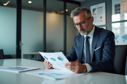 Homme d'affaires en costume examine des rapports marketing