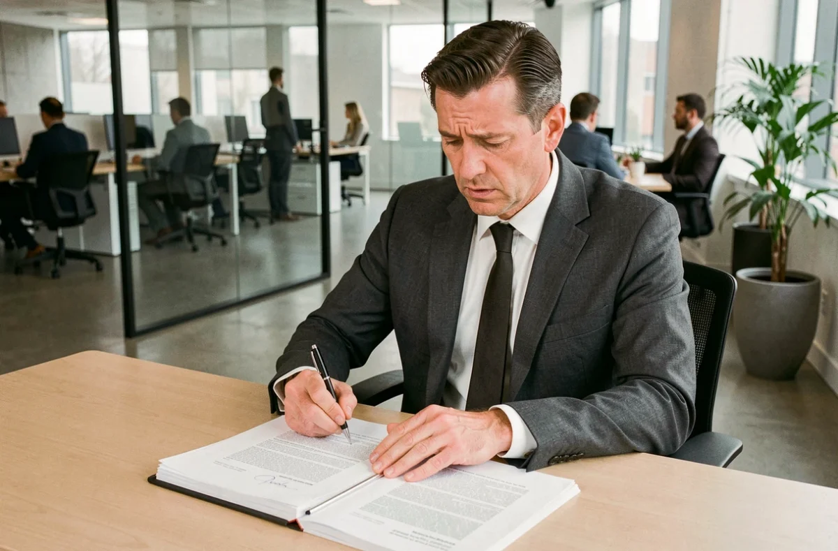 Homme d'affaires en costume gris examinant un contrat juridique avec inquiétude dans un bureau moderne, illustrant les risques d'un contrat avec une entreprise en redressement judiciaire