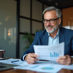 Homme d'affaires en costume bleu analysant des rapports financiers