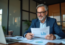 Homme d'affaires en costume bleu analysant des rapports financiers