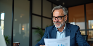 Homme d'affaires en costume bleu analysant des rapports financiers